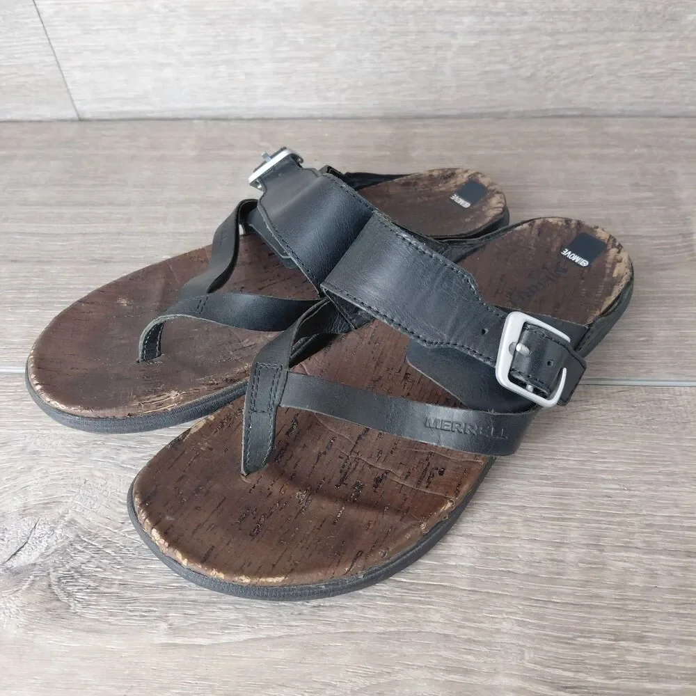 Merrell Sandals Womens 7 Black Leather Around Town Buckle Strappy Beach Thong
